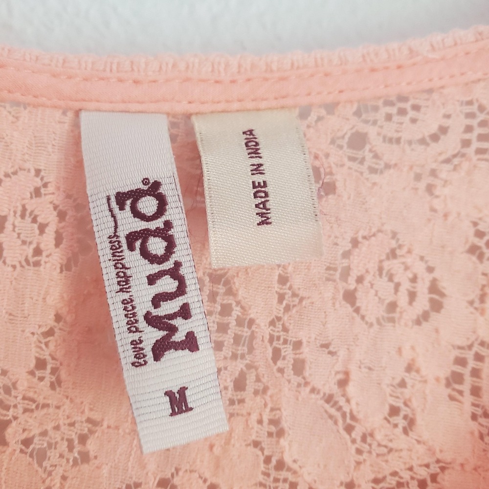 Mudd Blouse Womens Medium Peach Pink Lace Boho Peasant Top Long Sleeve Keyhole - Picture 2 of 7
